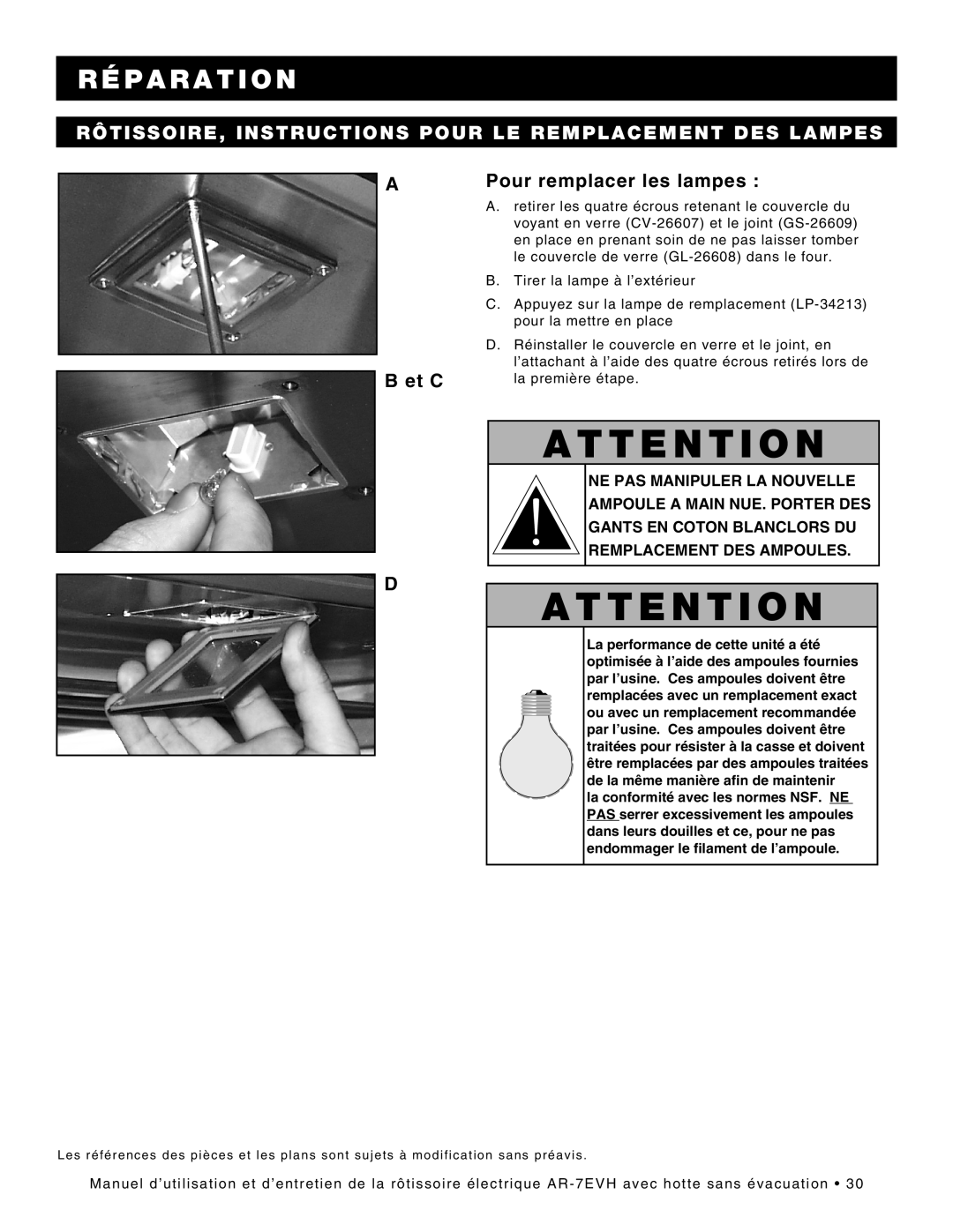 Alto-Shaam ar-7evh manual Rôtissoire, Instructions Pour Le Remplacement Des Lampes, A B et C, Pour remplacer les lampes 