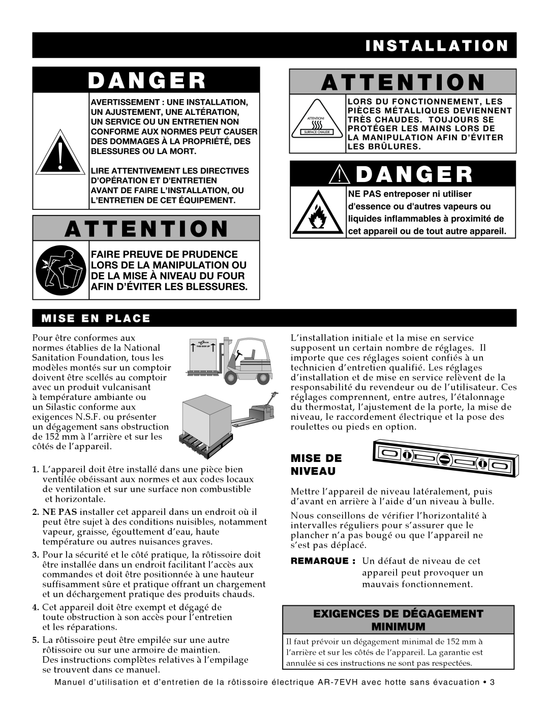 Alto-Shaam ar-7evh manual Danger, I N S T A L L A T I O N, Mise En Place, Mise De Niveau, Exigences De Dégagement Minimum 