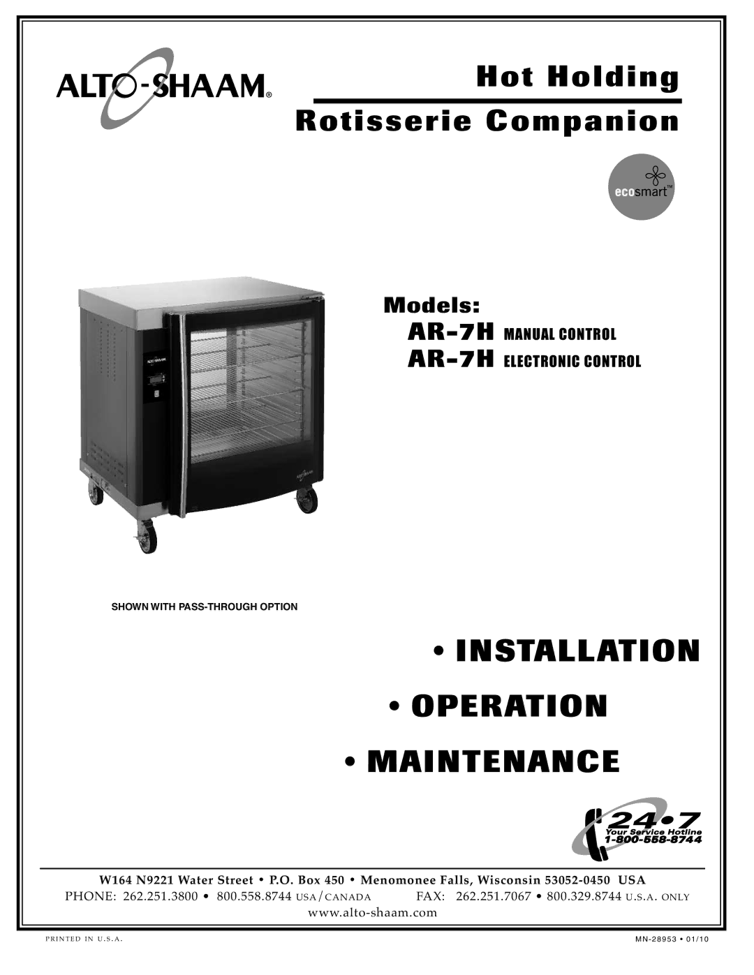 Alto-Shaam AR-7H manual INS Tallati on Operatio N Mainten ANC E, Usa 