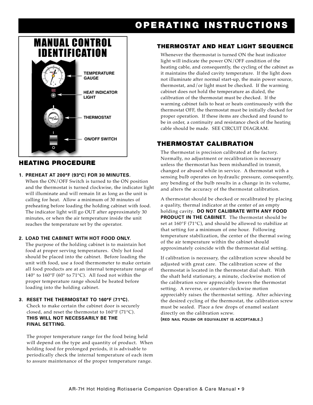 Alto-Shaam AR-7H manual Opera Ting INS Tructio, Ther Mostat Calib Ration, Heating Procedure 