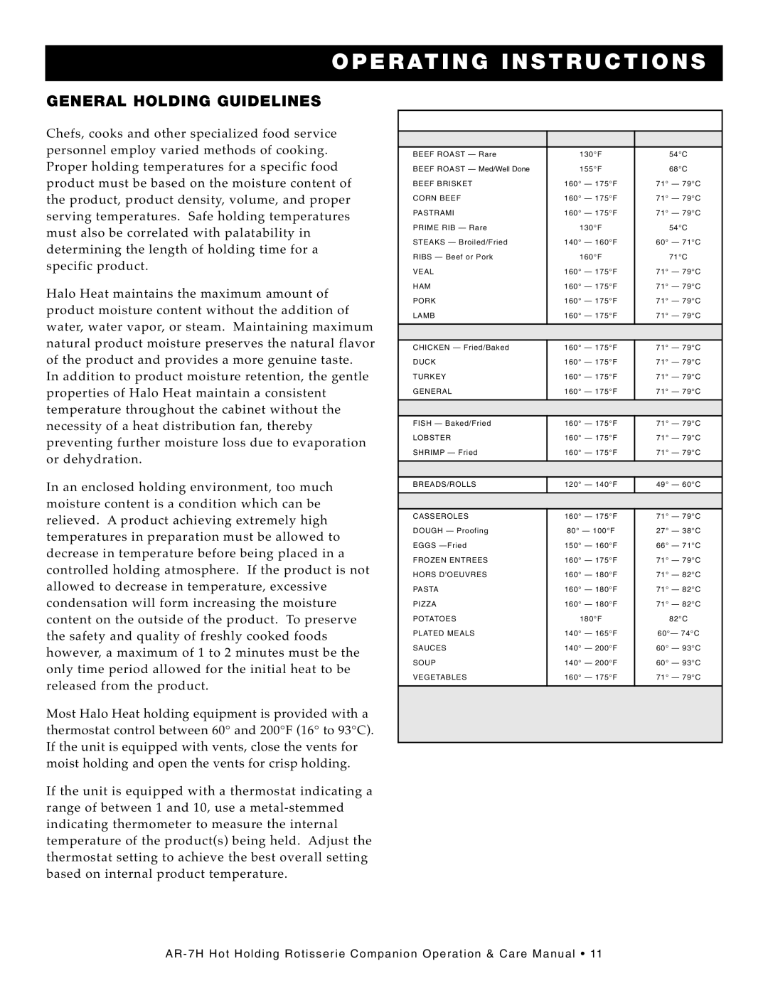 Alto-Shaam AR-7H manual Opera Ting INS Tructio NS, Gene RAL Holding Guidelines, OL DIN G T EM PE R AT U RE Range 