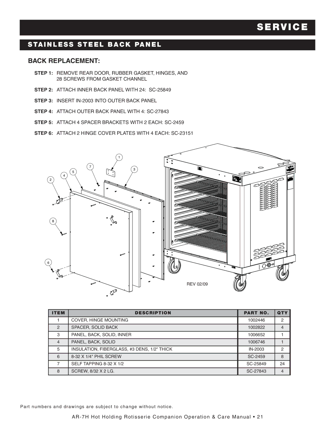 Alto-Shaam AR-7H manual Stai Nless Stee L BAC K Panel, Back Replacement 