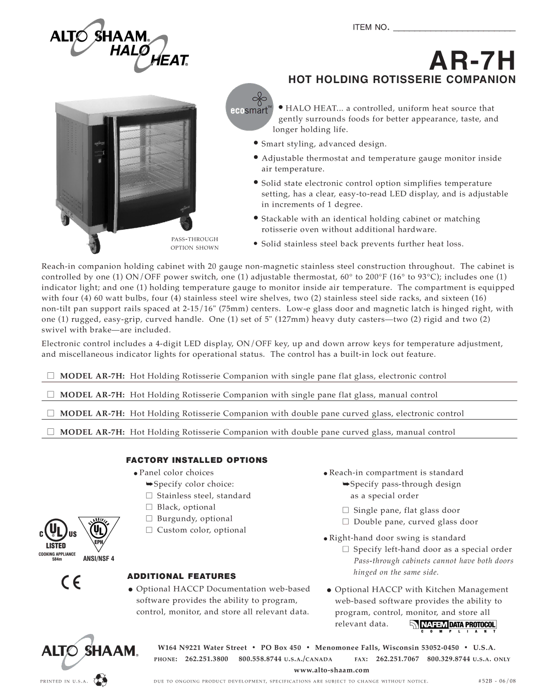 Alto-Shaam AR-7H specifications Fact ORY Inst ALL ED Option S, Addit Ional F Eatures 