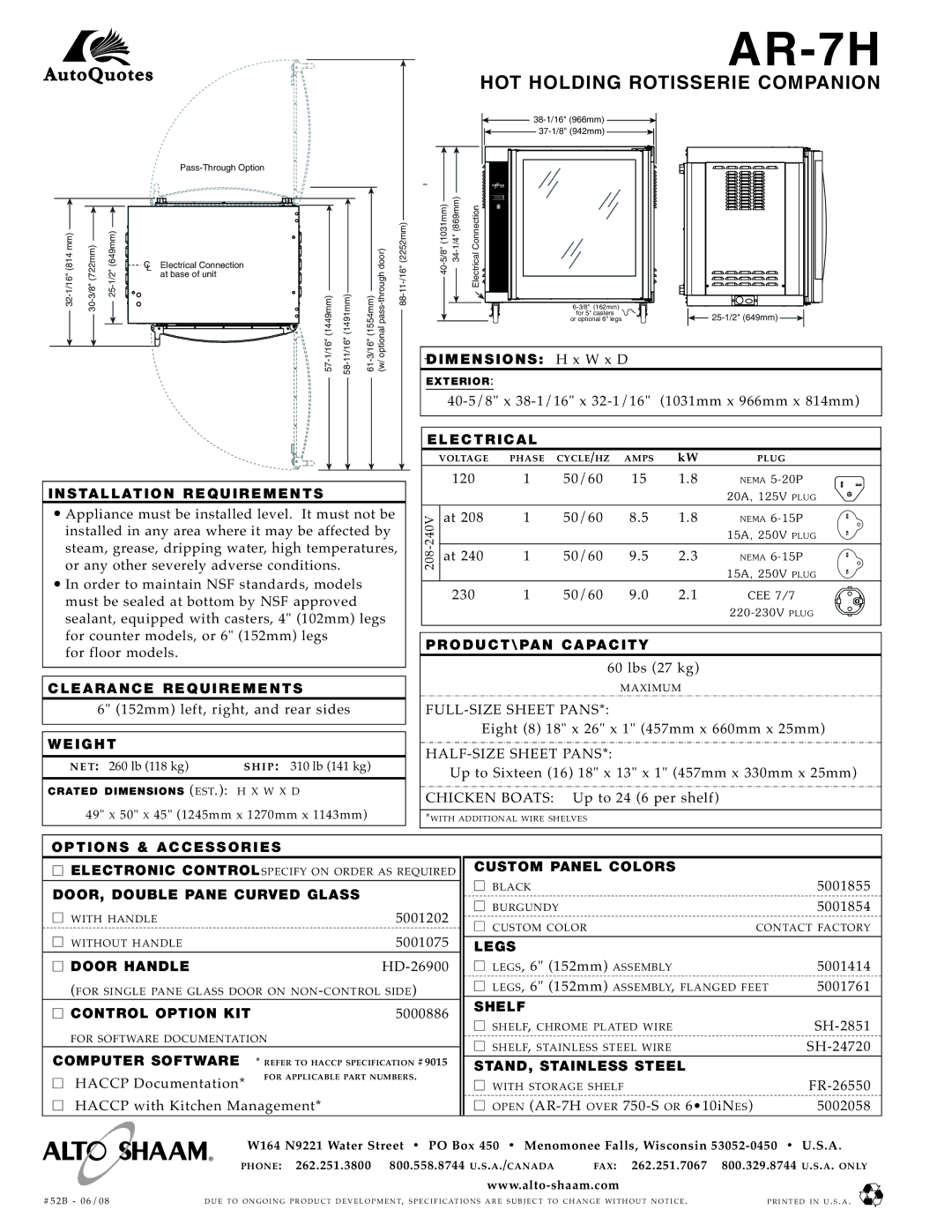 Alto-Shaam AR-7H INS Tall Ation Requirements, Ele Ctr Ic Al, Cleara NCE Requirem Ents, Weight, Prod UCT\ PA N C AP AC ITY 