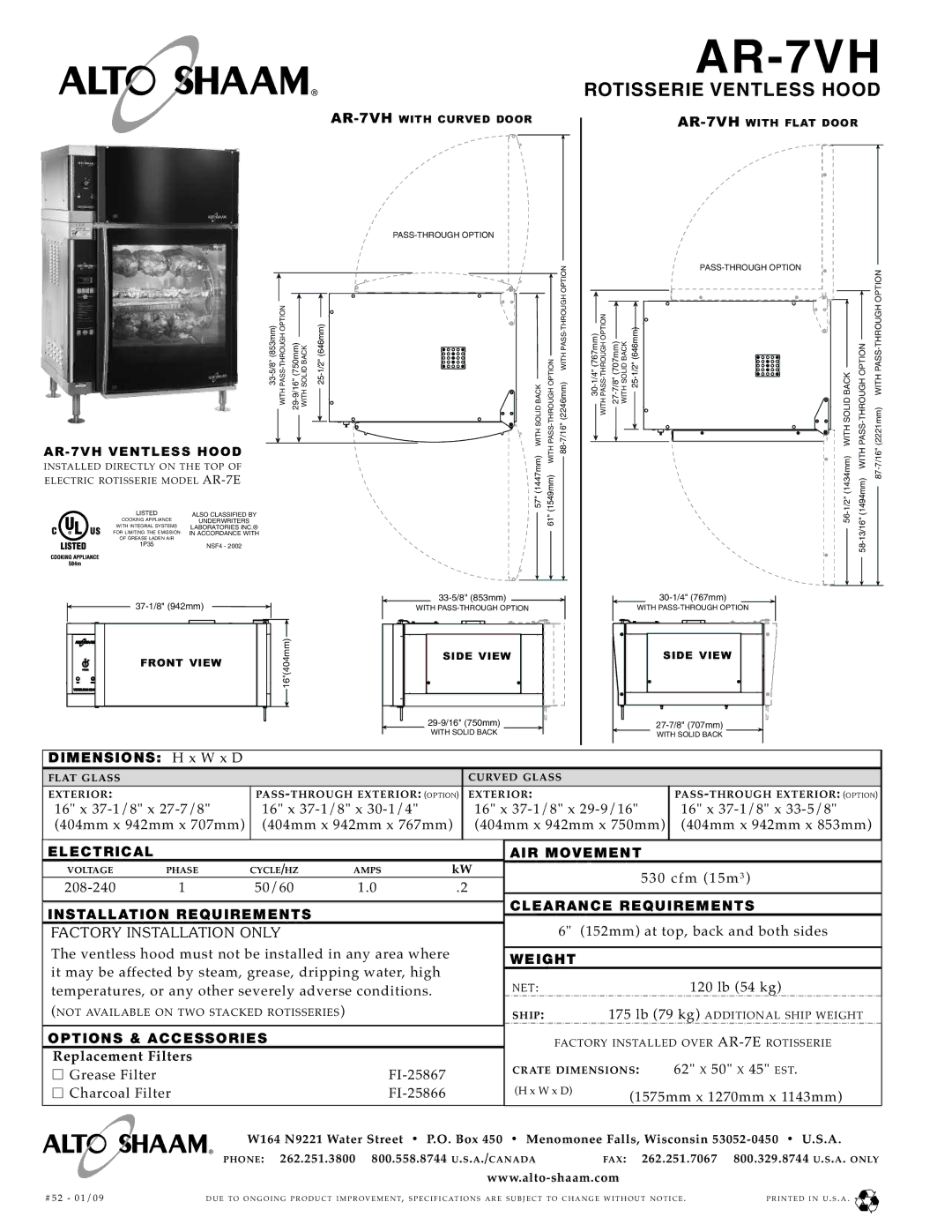 Alto-Shaam AR-7VH dimensions ELE CTR Ical, INS Tall Ation R Equire Ments, OPT Ions & a Cces SO RIE S, Weig HT 