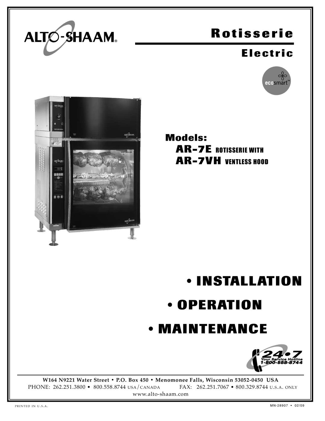 Alto-Shaam AR-7VH manual INS Tallati on Operatio N Mainten ANC E 