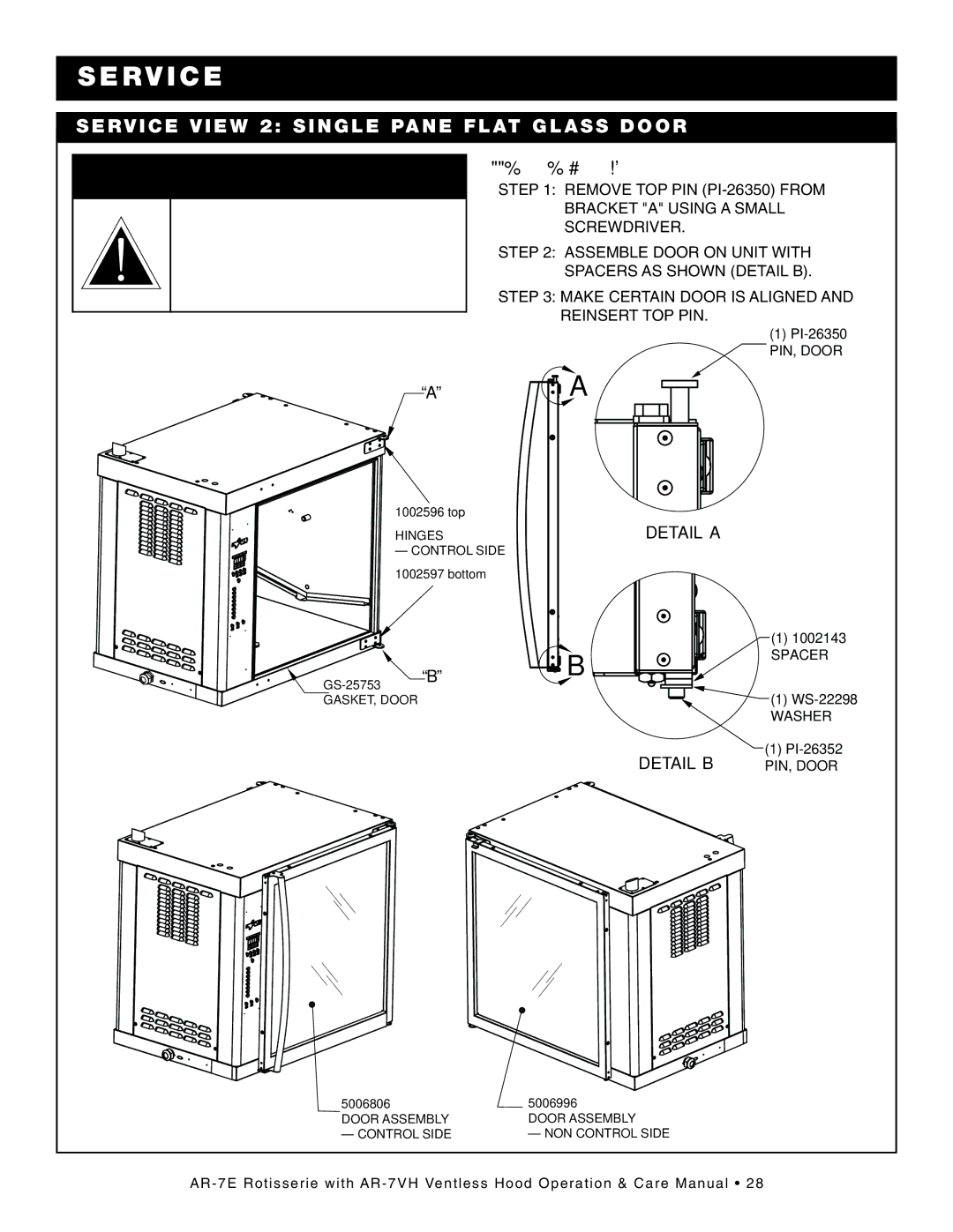 Alto-Shaam AR-7VH manual Warn I NG, SE RVI CE VIE W 2 SI NG LE Pane Flat Glas S Door 