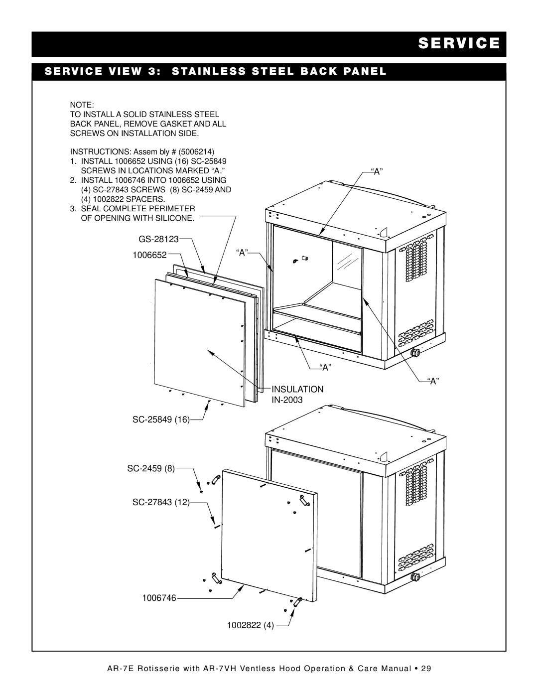 Alto-Shaam AR-7VH manual SER VI CE VI EW 3 ST AIN Less Steel Back PA NEL, Instructions Assembly # 