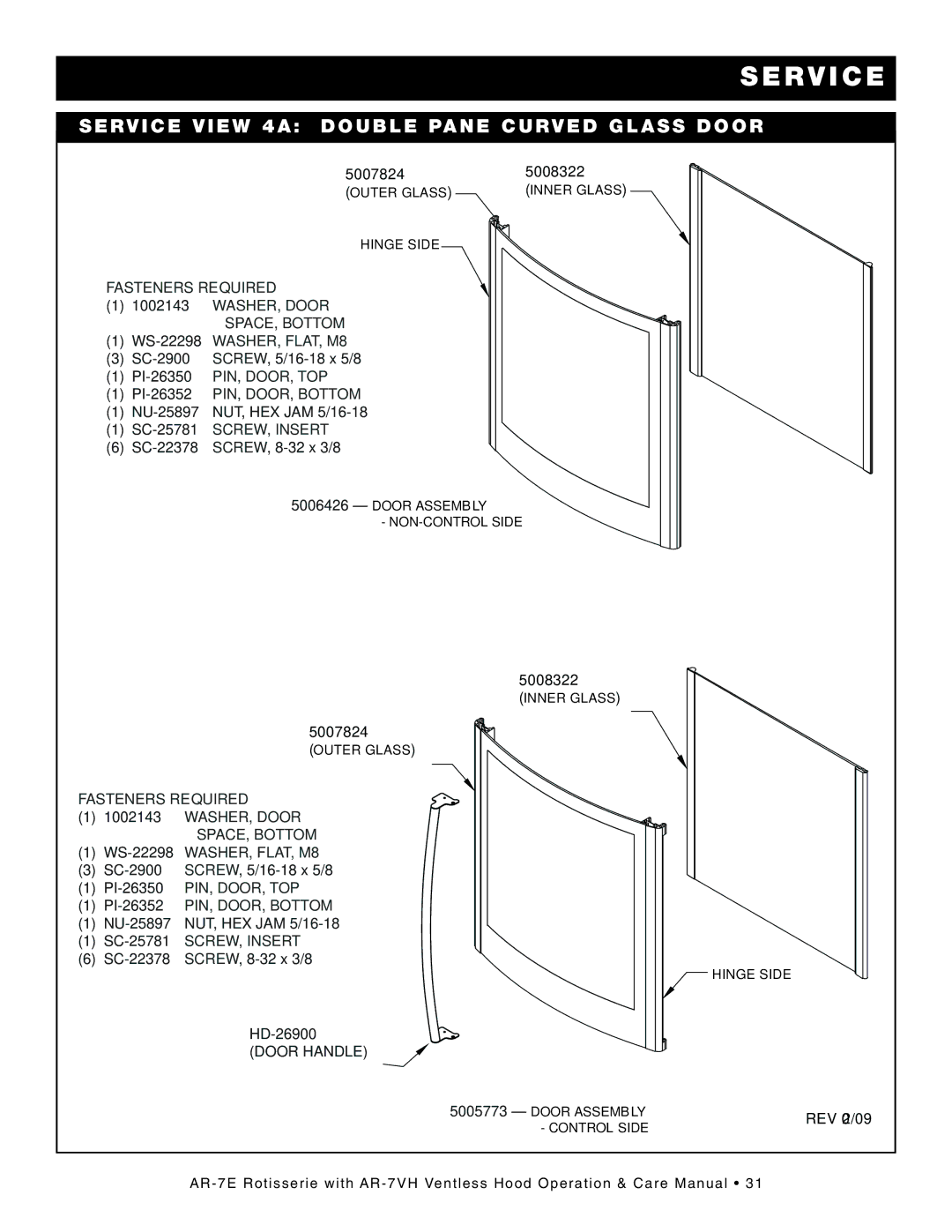 Alto-Shaam AR-7VH manual SER VI CE VI EW 4A DOU BLE Pane CUR VED GLA SS Door, Fasteners Required 