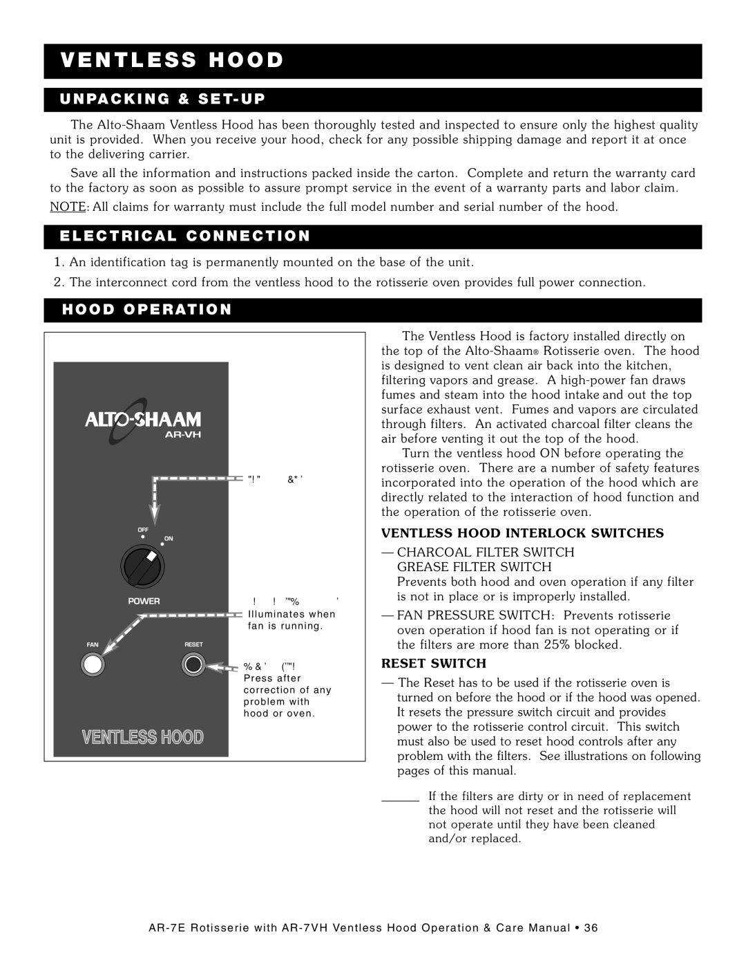 Alto-Shaam AR-7VH manual VE NTL ESS Hood, Unpa CK ING SET-U P, EL EC TRI CAL Conn EC TI on, Hood Operati on, Reset Switch 