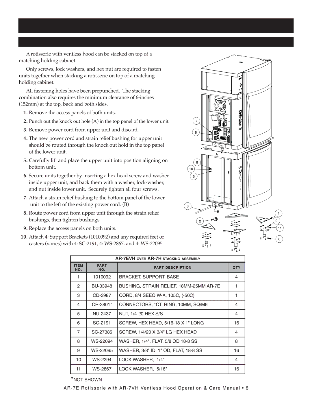 Alto-Shaam AR-7VH manual STA CK ING in Stru Ction S, CONNECTORS, *CT, RING, 10MM, SQ/M6 