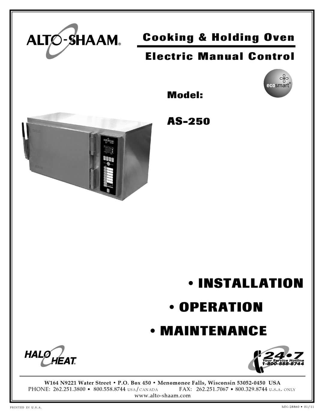 Alto-Shaam AS-250 manual Operation Maintenance, Usa 