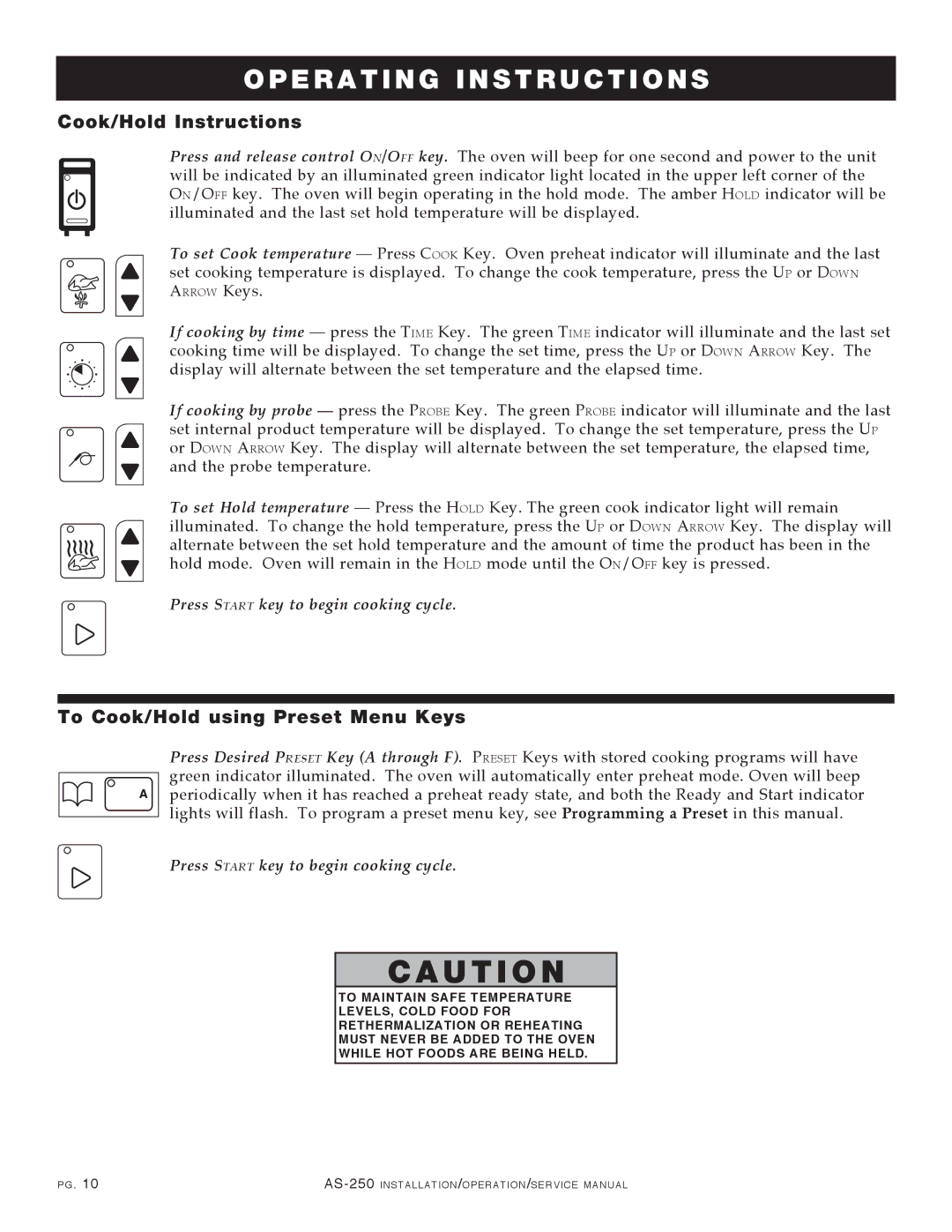 Alto-Shaam AS-250 manual Cook/Hold Instructions, To Cook/Hold using Preset Menu Keys 