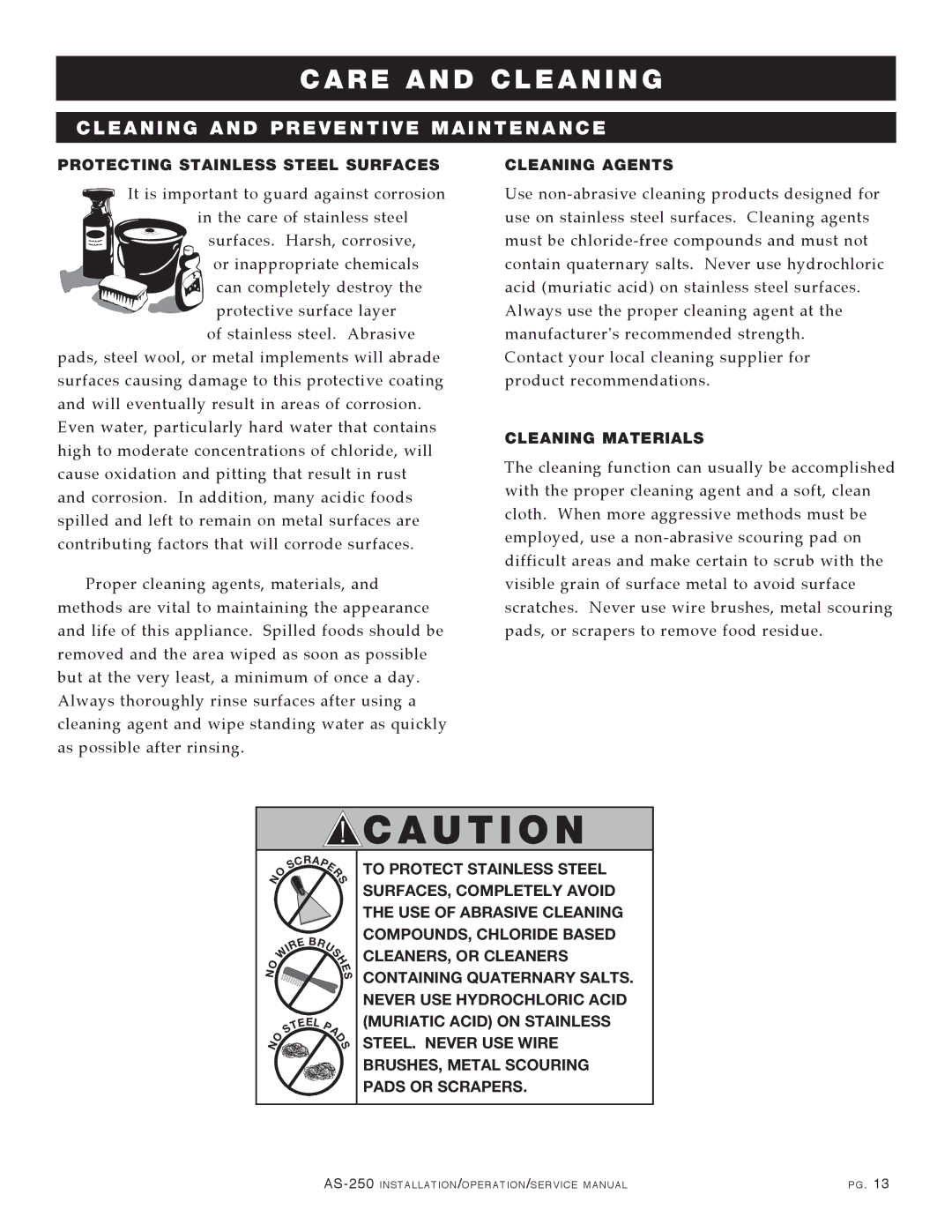 Alto-Shaam AS-250 manual Cleaning and Preventive Maintenance, Protecting Stainless Steel Surfaces, Cleaning Agents 