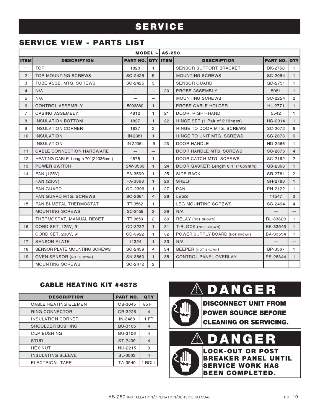 Alto-Shaam AS-250 manual Service View Parts List, Cable Heating KIT #4878 