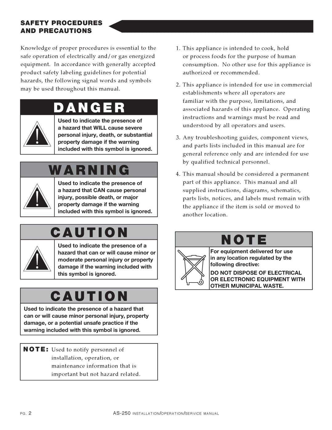 Alto-Shaam AS-250 manual N G E R, Safety Procedures Precautions 