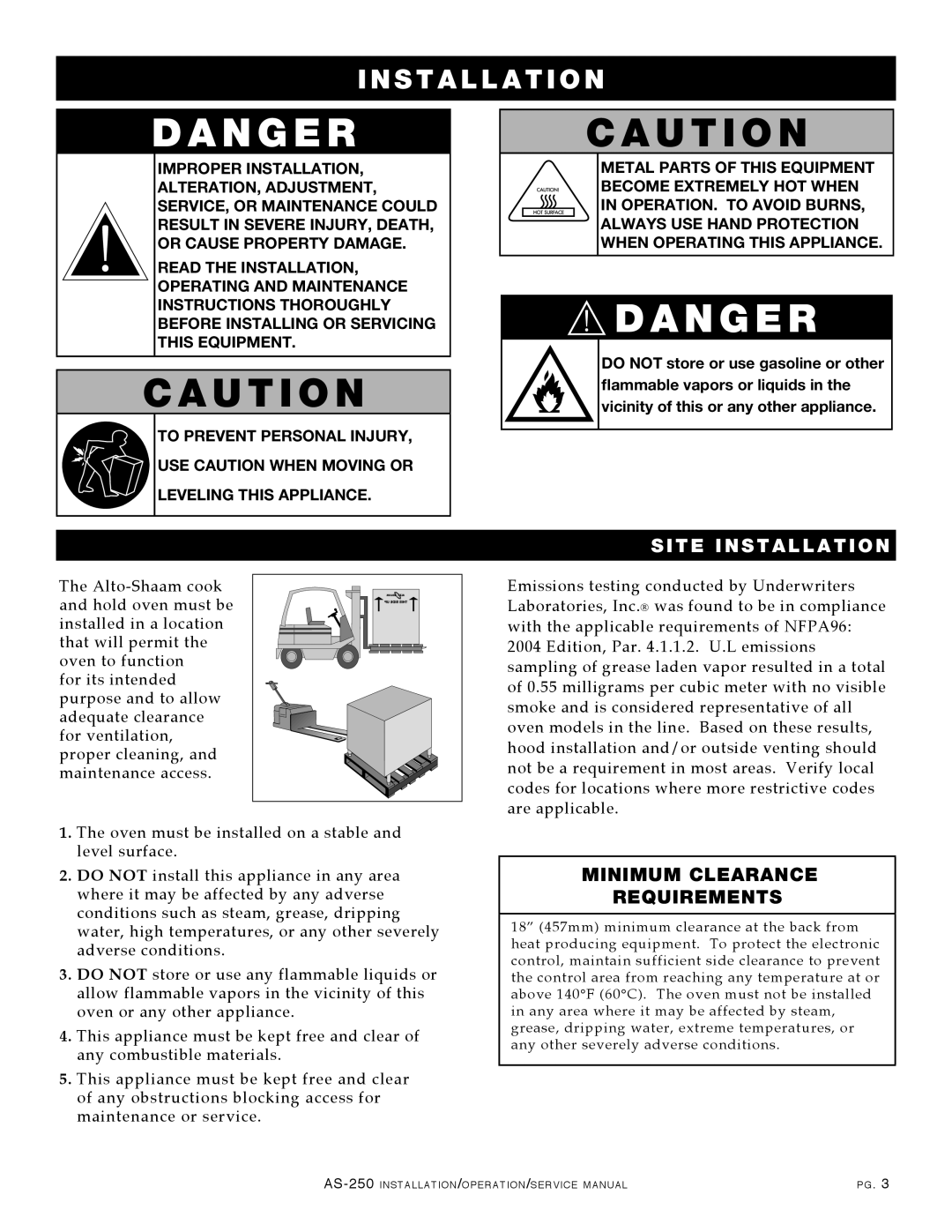 Alto-Shaam AS-250 manual Site Installation, Minimum Clearance Requirements 