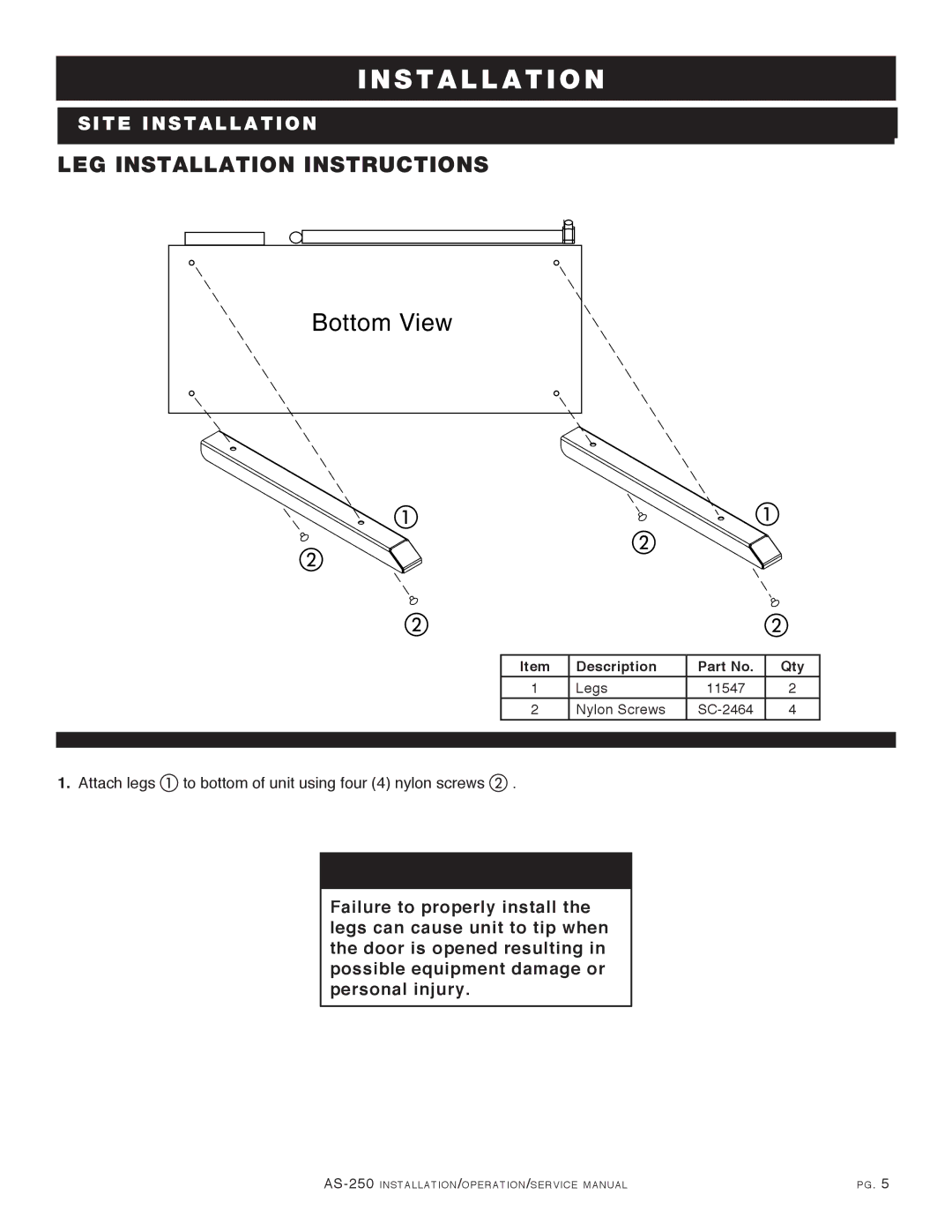 Alto-Shaam AS-250 manual Bottom View, LEG Installation Instructions 