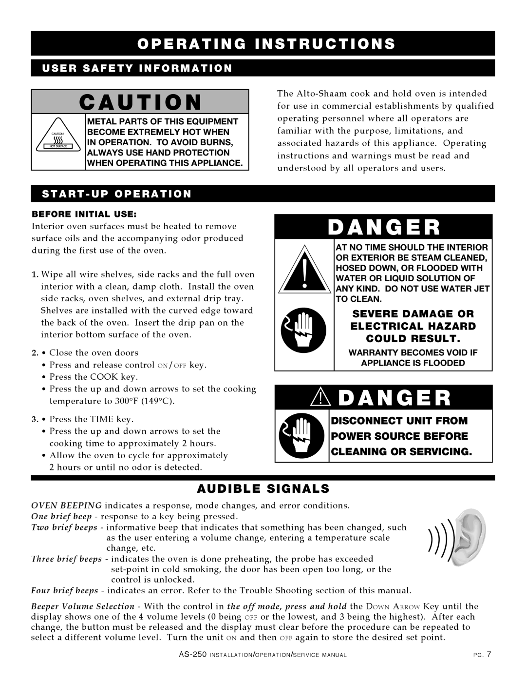 Alto-Shaam AS-250 manual Audible Signals, User Safety Information, Start UP Operation 