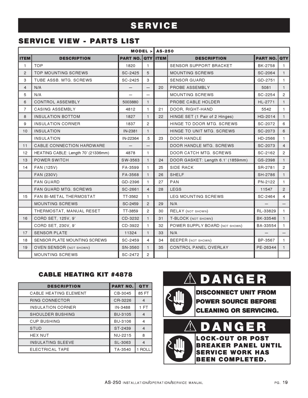 Alto-Shaam AS-250 manual Service View - Parts List, CABLE HEATING KIT #4878, Danger, S E R V I C E, Model, Description 