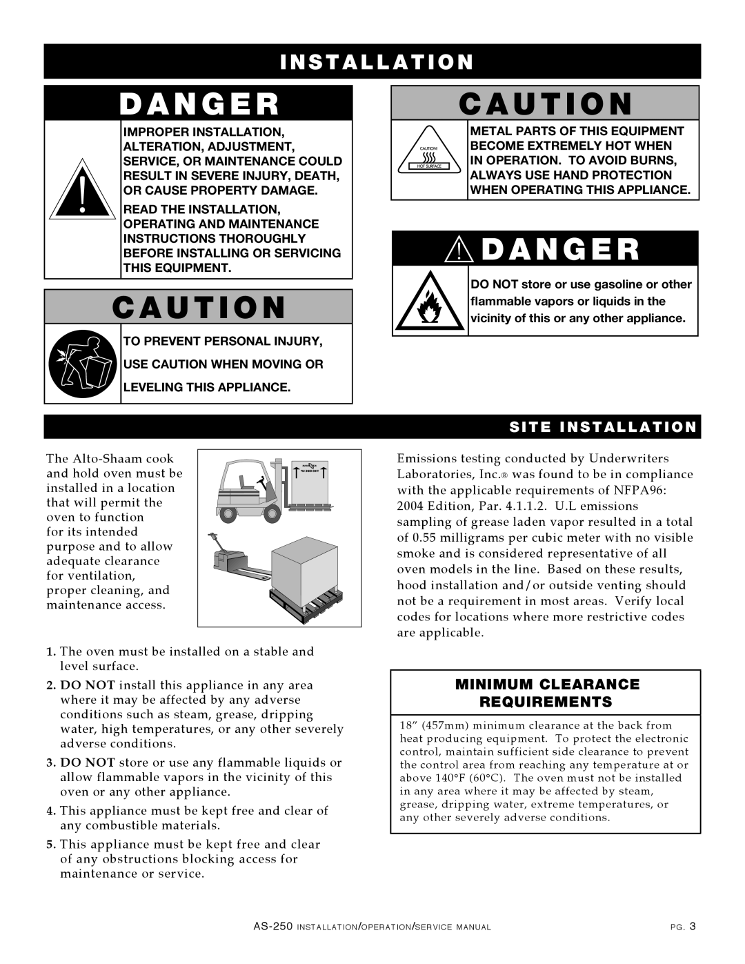 Alto-Shaam AS-250 manual Danger, I N S T A L L A T I O N, Site Installation, Minimum Clearance Requirements, D A N G E R 