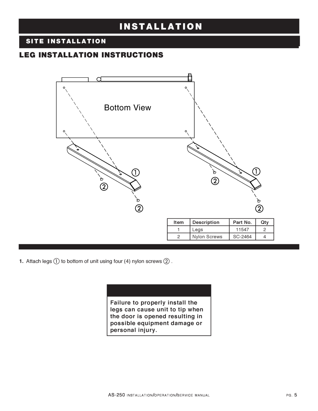 Alto-Shaam AS-250 Leg Installation Instructions, Attach legs a to bottom of unit using four 4 nylon screws b, Bottom View 