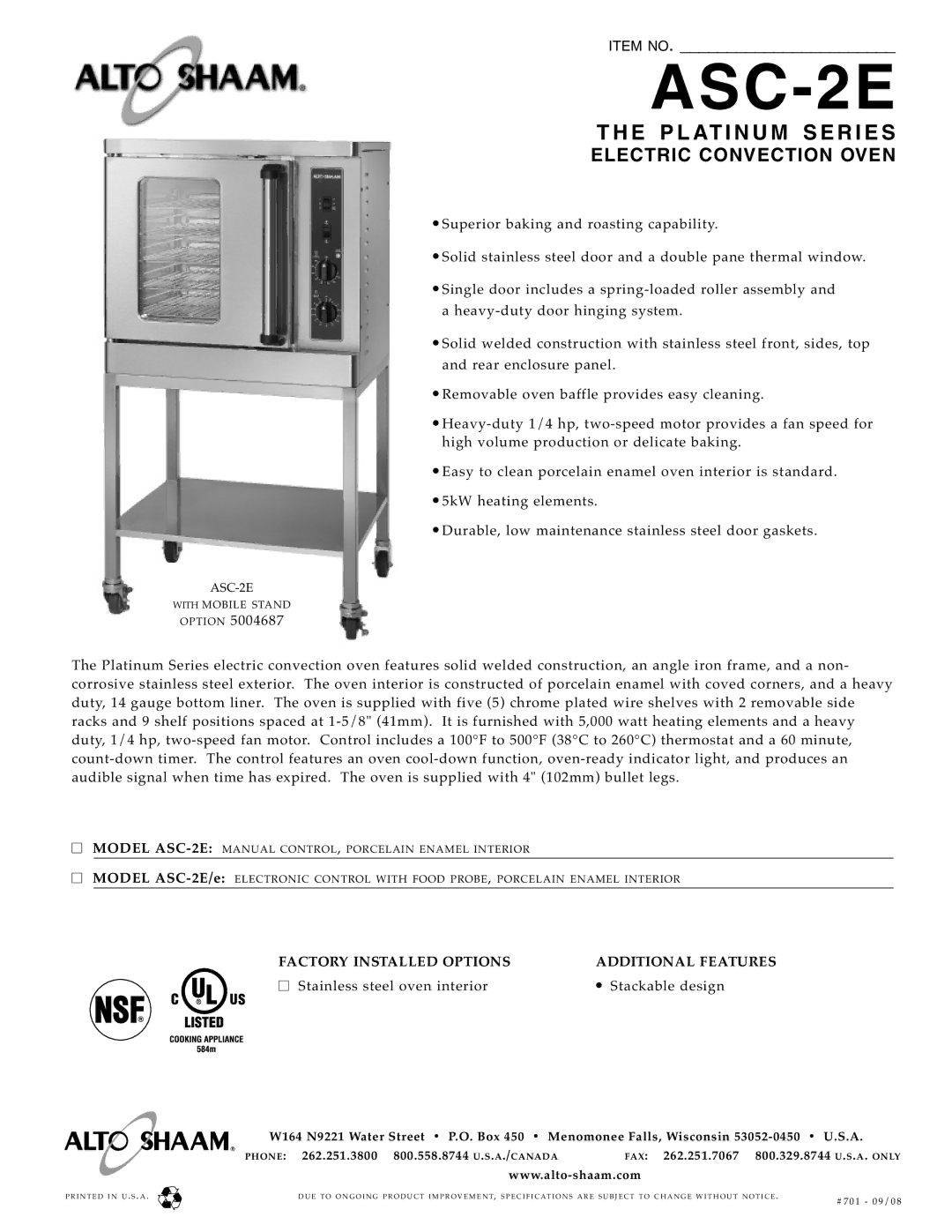 Alto-Shaam ASC-2E specifications Electric Convec Tion Oven, Factory Installed Options Additional Features 