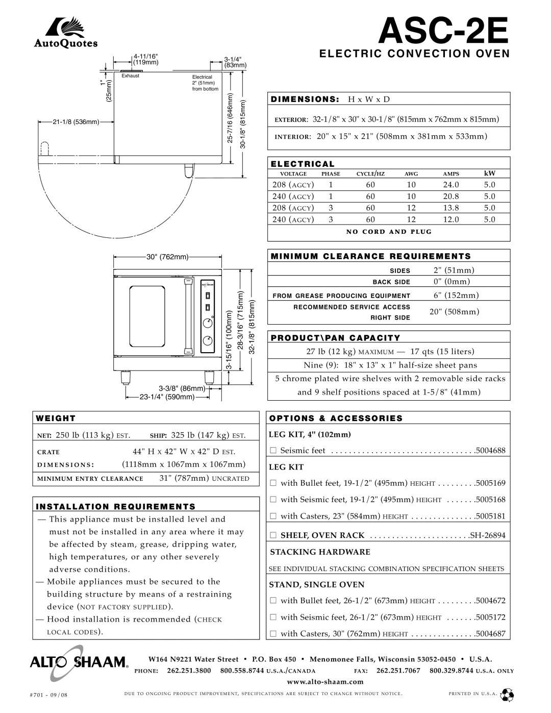 Alto-Shaam ASC-2E specifications EL ECT RIC Convection OVE N, Leg Kit, Stacking Hardware, STAND, Single Oven 