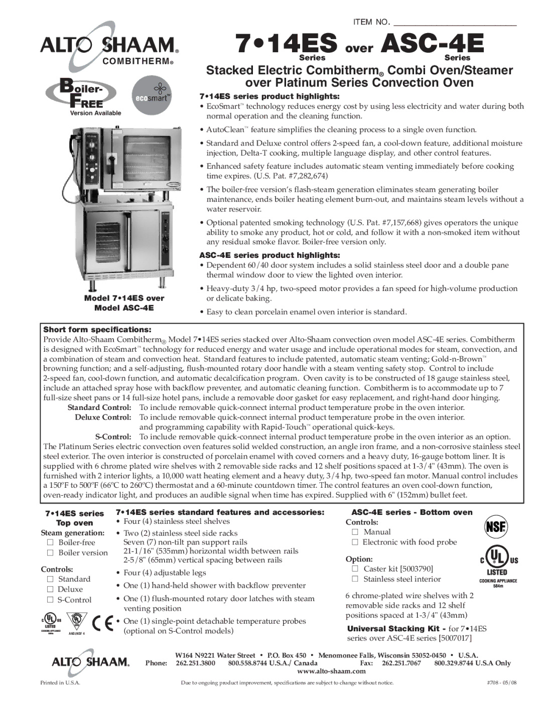 Alto-Shaam 7.14ES over, ASC-4E specifications Controls, Option 