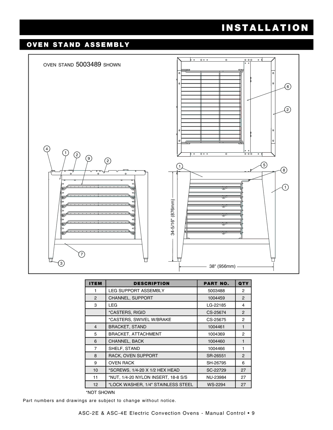 Alto-Shaam Convection Oven, ASC-4E, ASC-2E manual Oven Stand Assembly, Oven Rack 