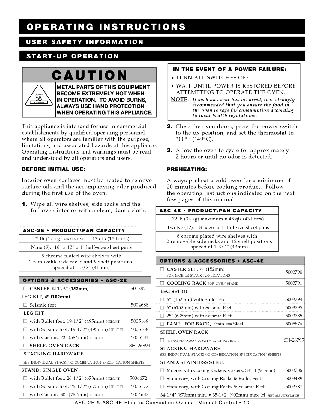 Alto-Shaam ASC-4E, Convection Oven manual User Safety Information Start UP Operation, Options & Accessories ASC-2E 