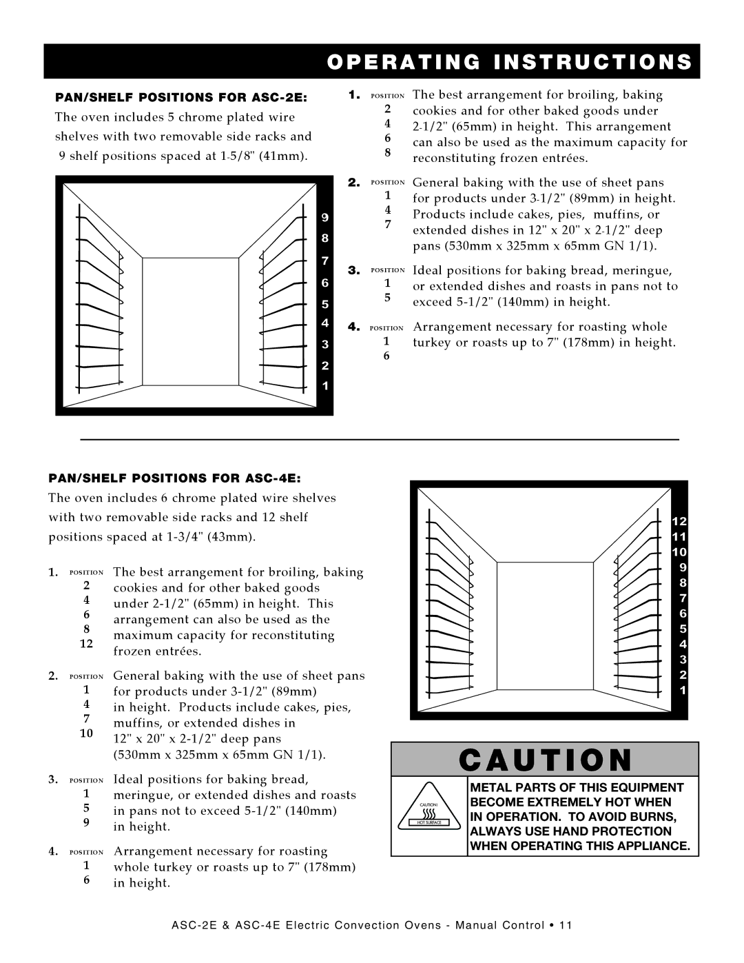 Alto-Shaam ASC-4E, Convection Oven manual PAN/SHELF Positions for ASC-2E 