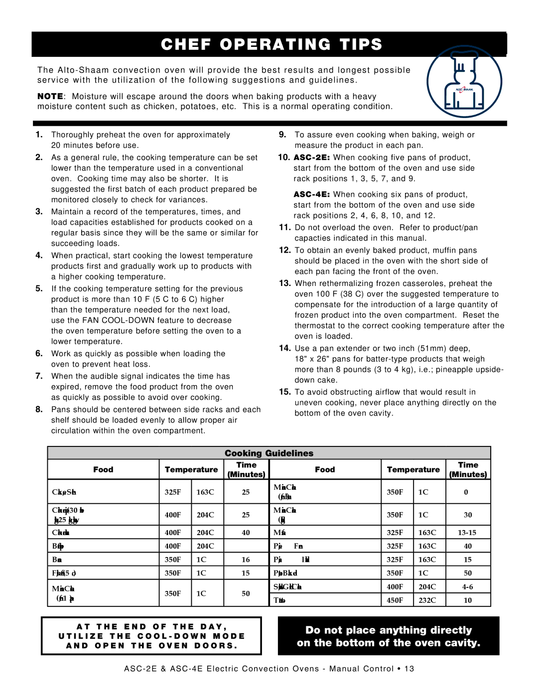 Alto-Shaam ASC-4E, ASC-2E, Convection Oven manual Operating Chefinstructionsoperating Tips 