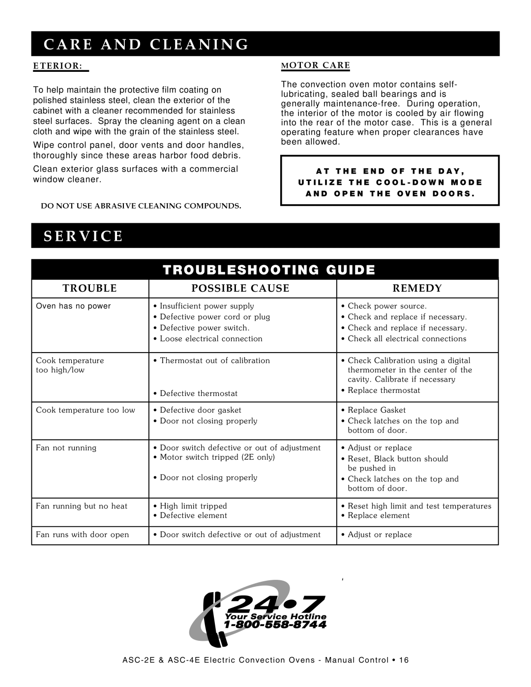 Alto-Shaam ASC-4E, ASC-2E, Convection Oven manual Trouble Possible Cause Remedy, Exterior 