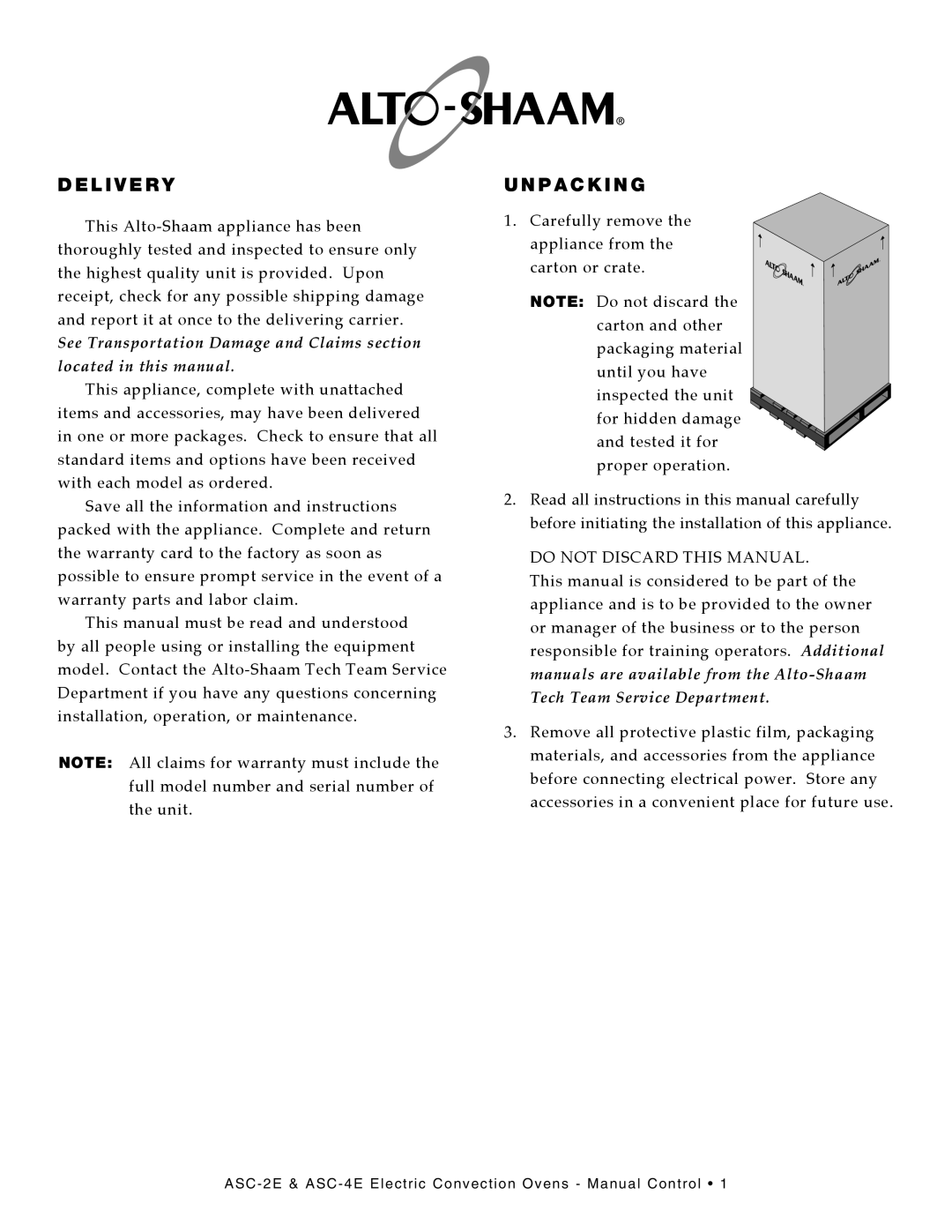 Alto-Shaam ASC-4E, ASC-2E, Convection Oven manual L I V E R Y, P a C K I N G 