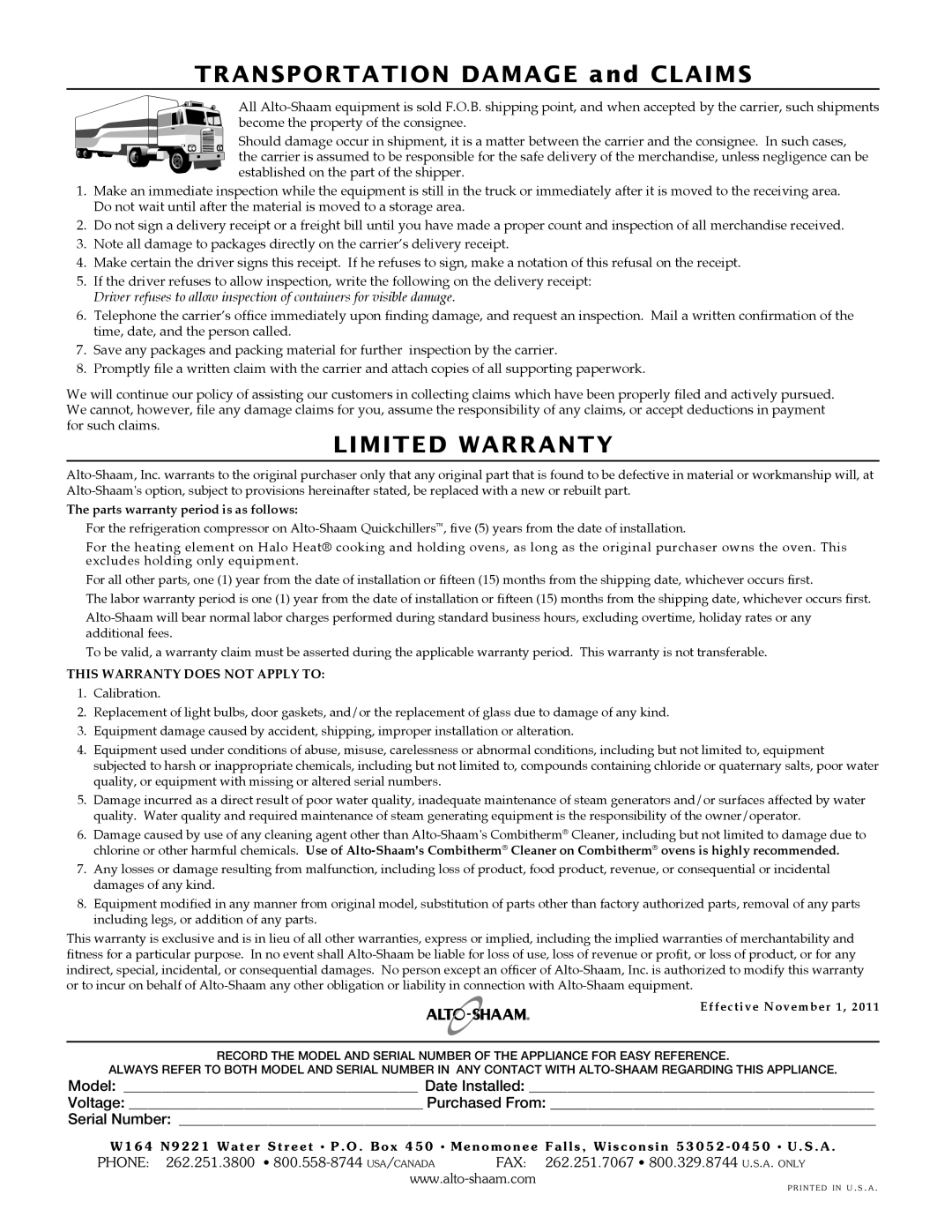 Alto-Shaam Convection Oven, ASC-4E, ASC-2E manual Limited Warranty 