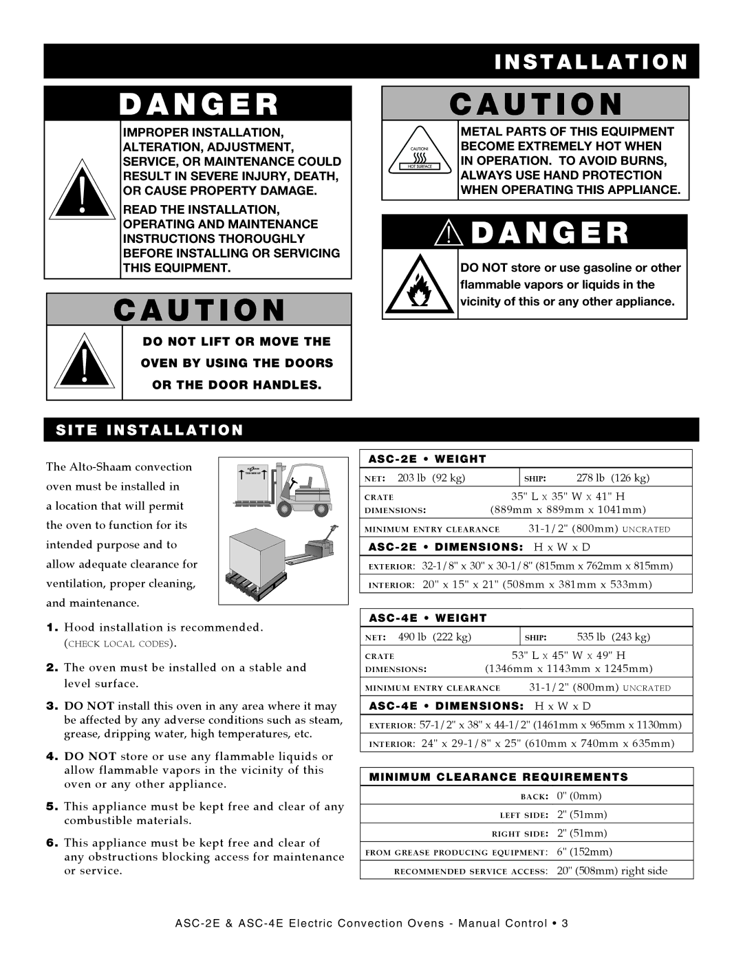 Alto-Shaam Convection Oven, ASC-4E manual Site Installation, ASC-2E Weight 