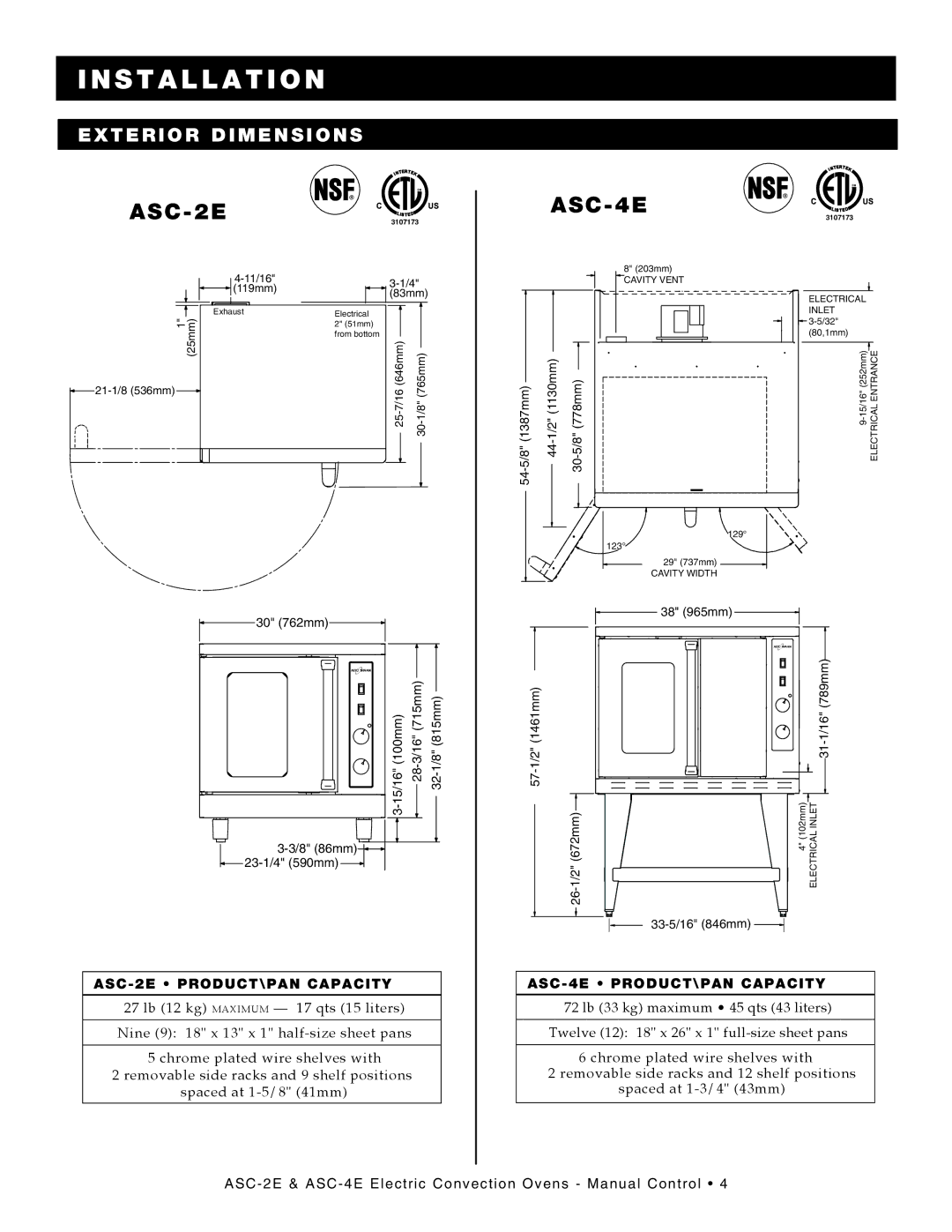 Alto-Shaam ASC-4E, ASC-2E, Convection Oven manual Exterior Dimensions 