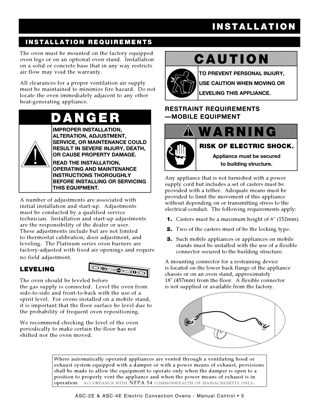 Alto-Shaam ASC-2E, ASC-4E, Convection Oven manual Installation Requirements, Leveling 