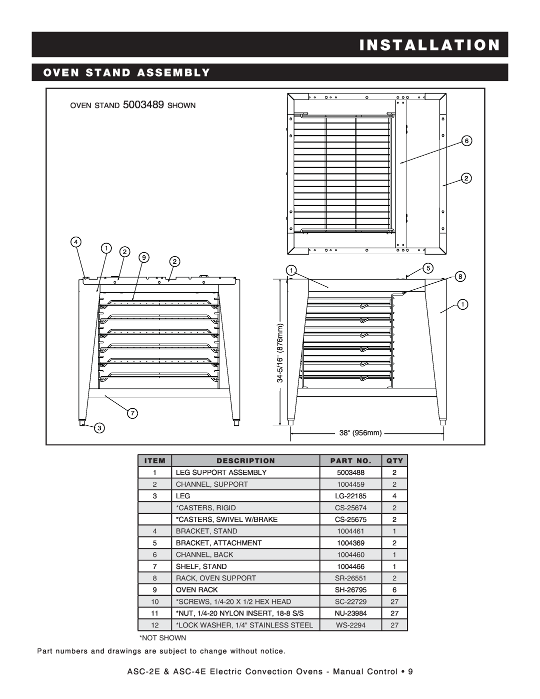 Alto-Shaam Convection Oven, ASC-4E, ASC-2E manual Oven Stand Assembly, I N S T A L L A T I O N, Description 