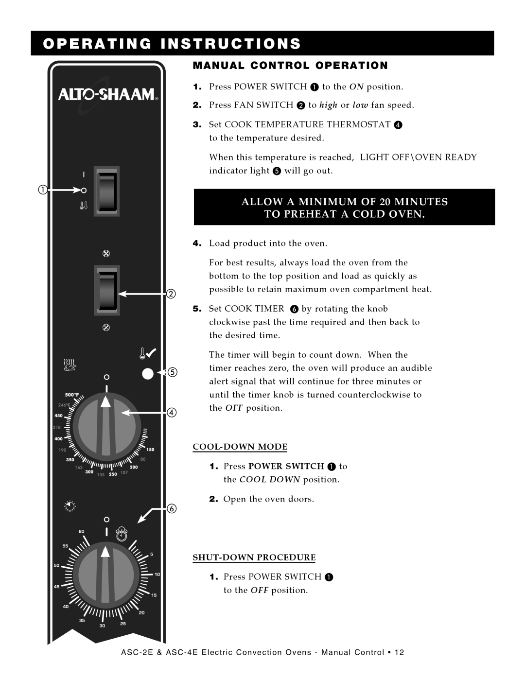 Alto-Shaam Convection Oven Manual Control Operation, Operating Instructions, ALLOW A MINIMUM OF 20 MINUTES, Cool-Downmode 