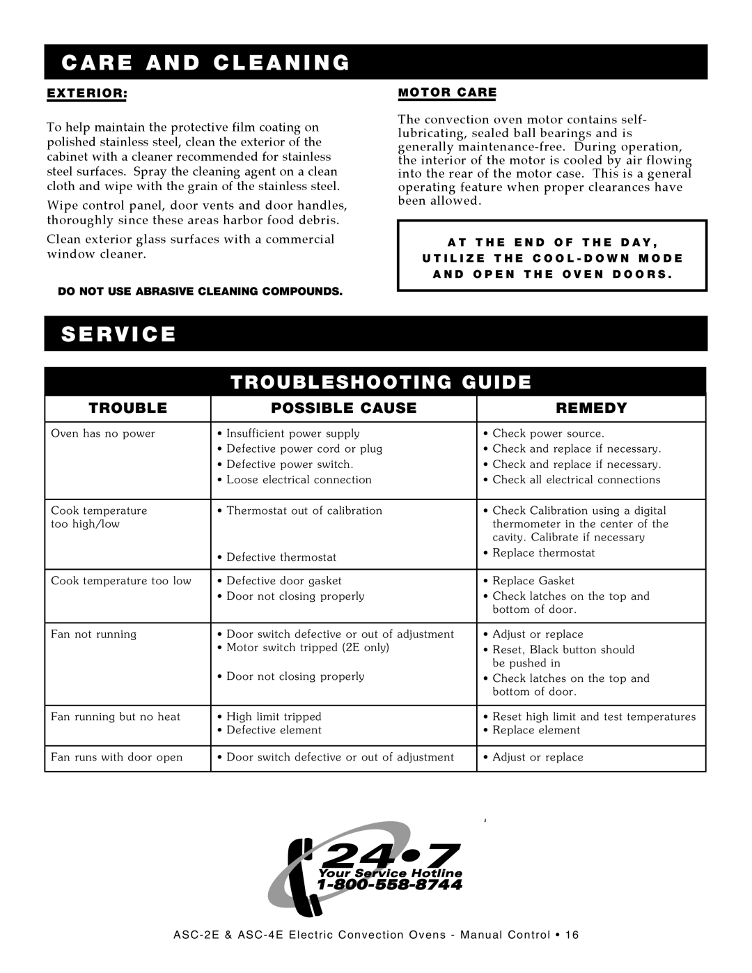Alto-Shaam ASC-4E Service, Possible Cause, Remedy, Care And Cleaning, Troubleshooting Guide, Exterior, Motor Care 
