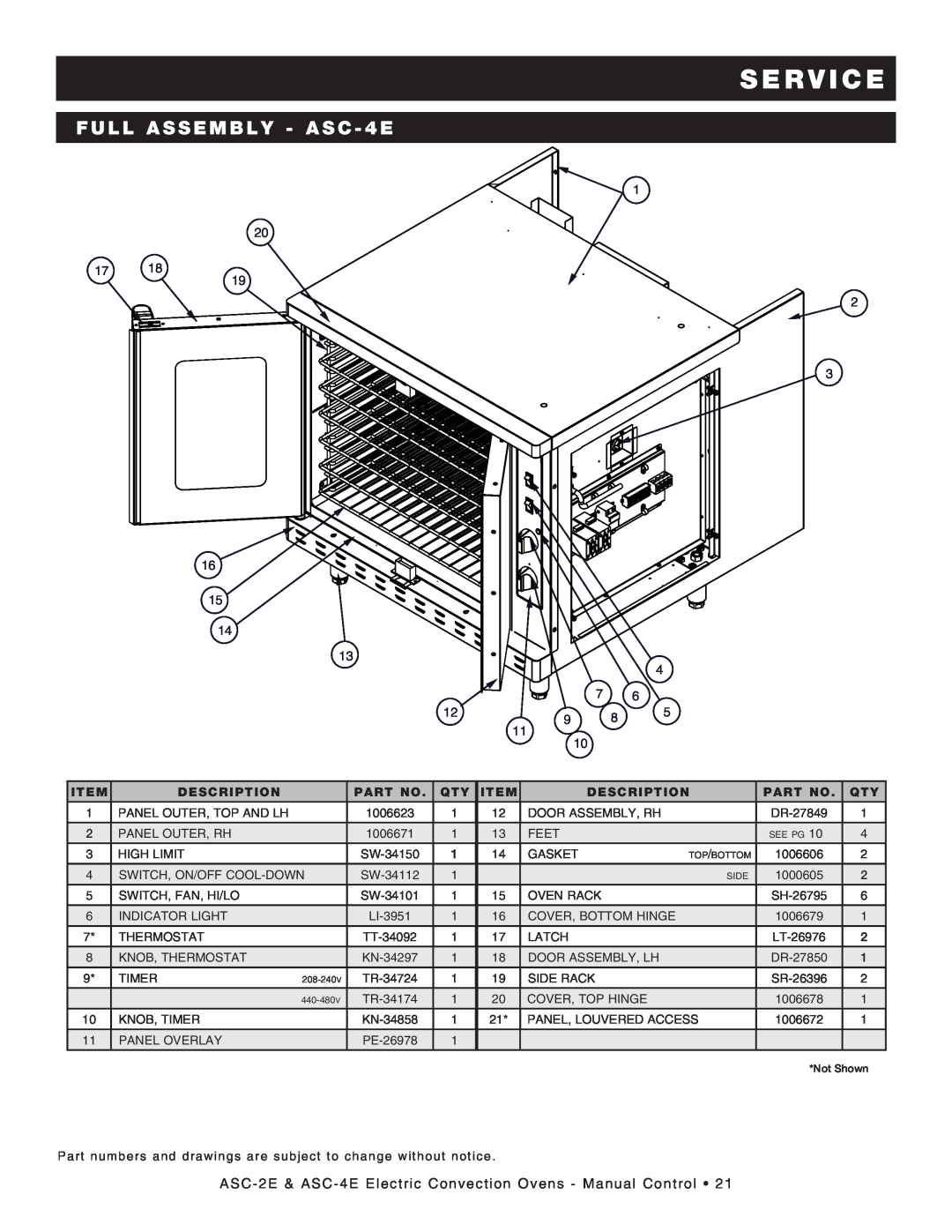 Alto-Shaam Convection Oven, ASC-4E, ASC-2E manual FULL ASSEMBLY - ASC - 4E, S E R V I C E, Description 