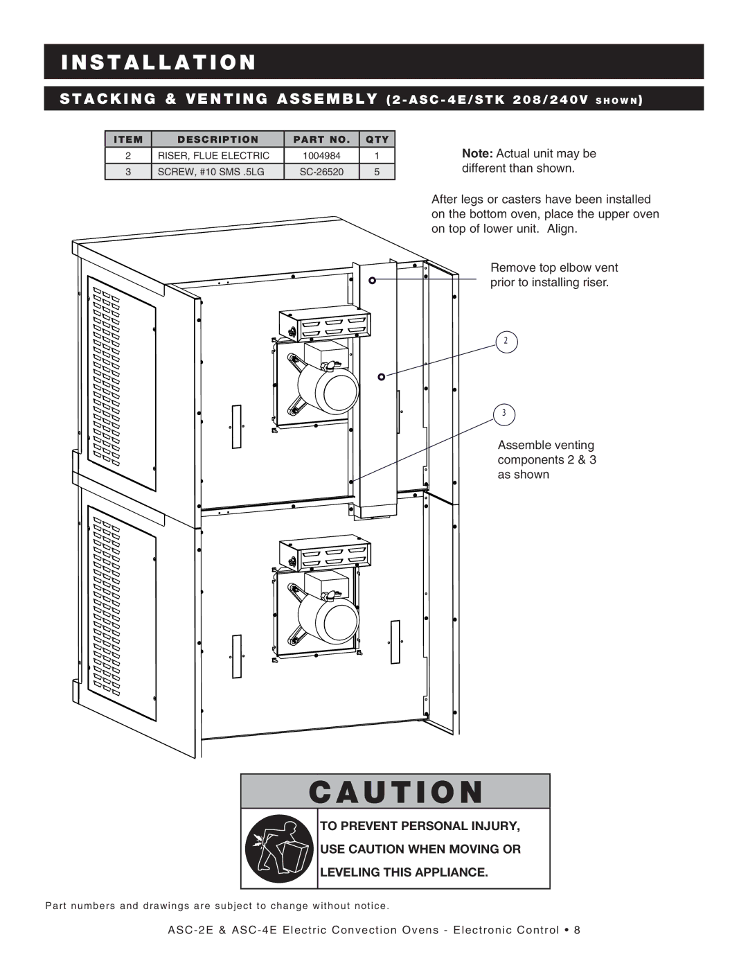 Alto-Shaam ASC-4E, ASC-2E manual Stacking & Venting Assembly 2 ASC 4E/STK 208/240V S H O W N 