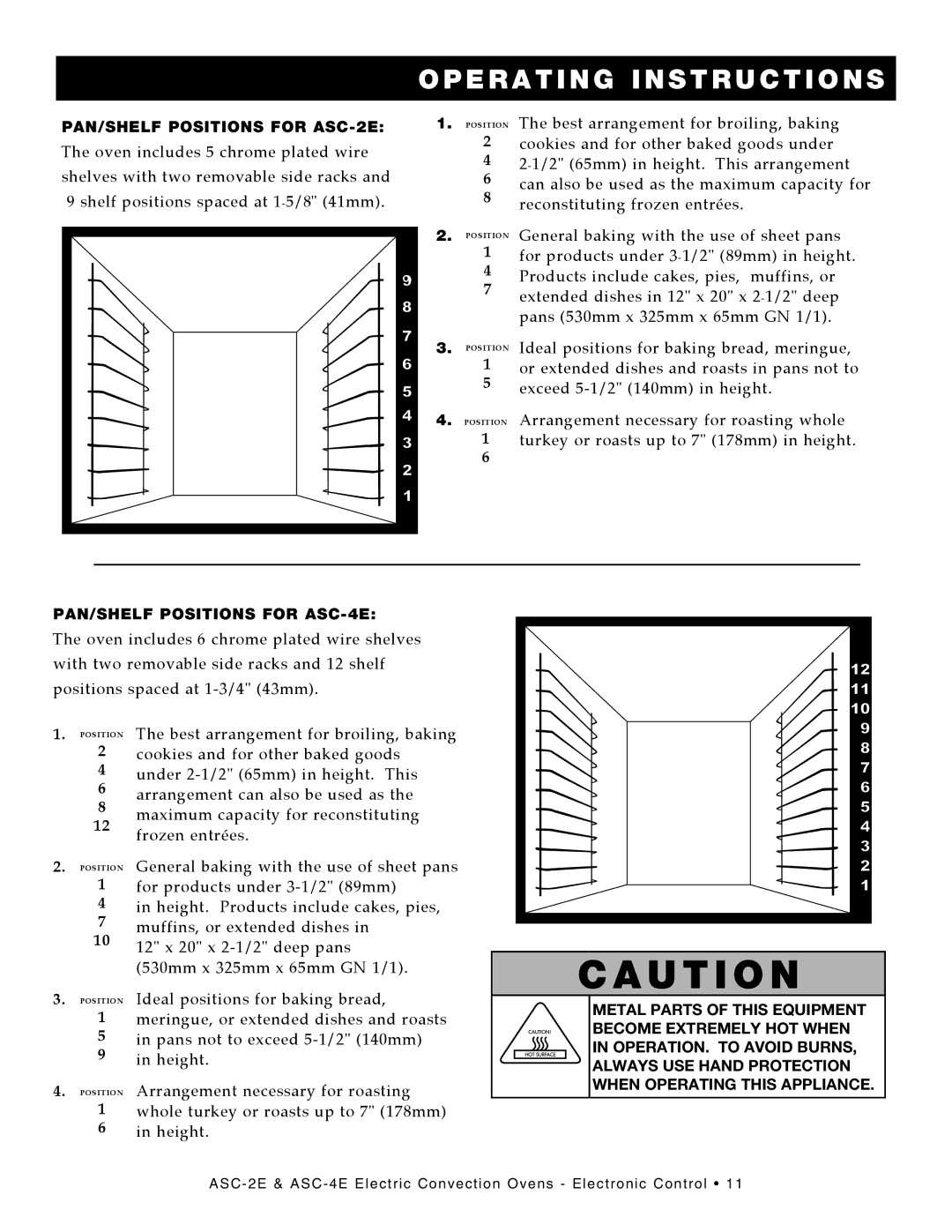 Alto-Shaam manual PAN/SHELF Positions for ASC-2E, PAN/SHELF Positions for ASC-4E 