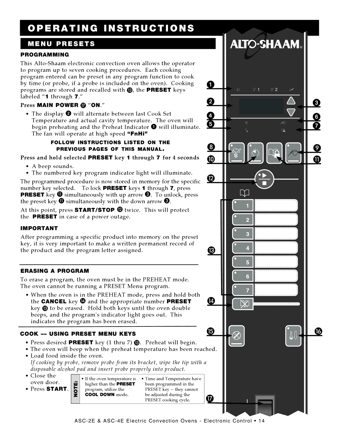 Alto-Shaam ASC-4E Menu Presets, Programming, Press Main Power Q on, Erasing a Program, Cook -- Using Preset Menu Keys 