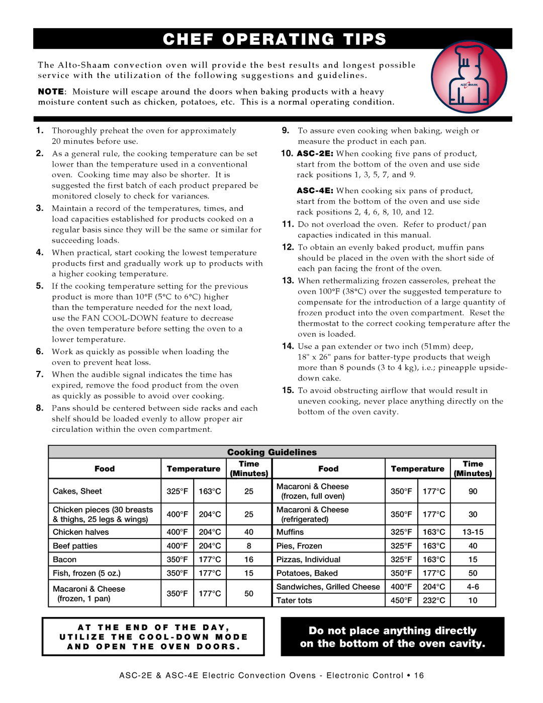 Alto-Shaam ASC-4E, ASC-2E manual Chef Operating Tips, Cooking Guidelines 