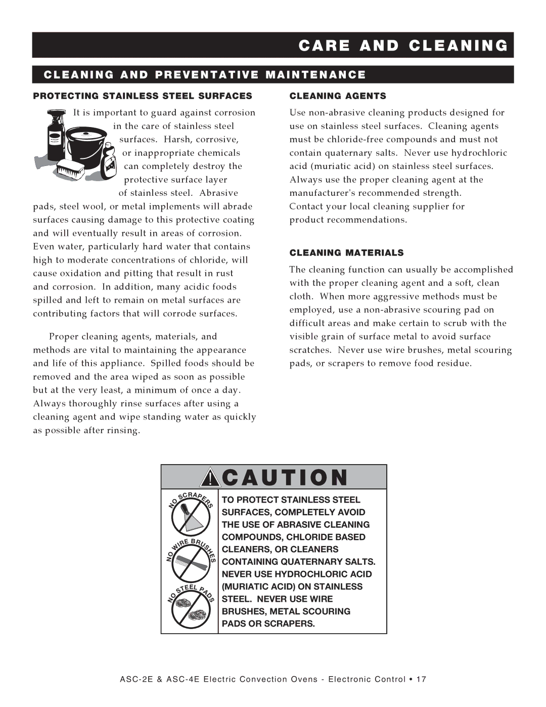 Alto-Shaam ASC-2E, ASC-4E manual Cleaning and Preventative Maintenance, Protecting Stainless Steel Surfaces, Cleaning Agents 