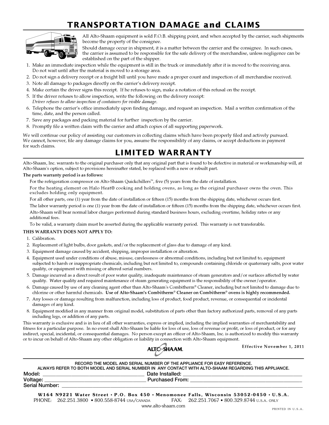 Alto-Shaam ASC-4E, ASC-2E manual Limited Warranty 