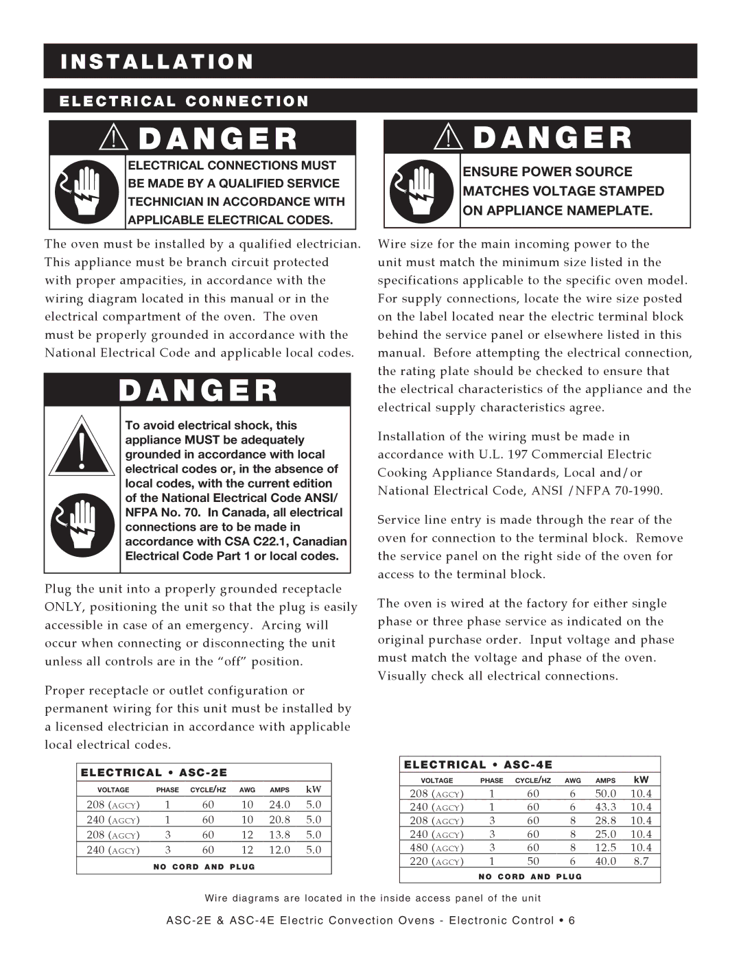 Alto-Shaam ASC-4E manual Electrical Connection, Electrical ASC-2E 